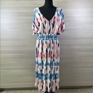 BeBop Tie-Dye V-Neck and Back Midi Sundress Smock Waist Size Large